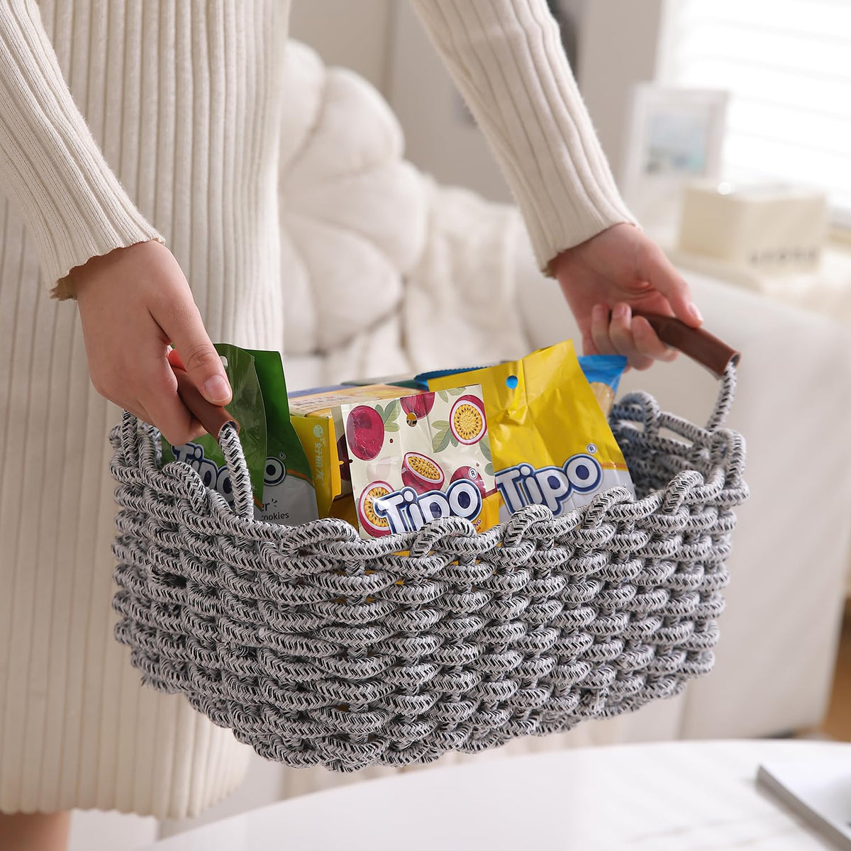 Eco-Friendly Thick Cotton Rope Storage Baskets Set of 3, Grey