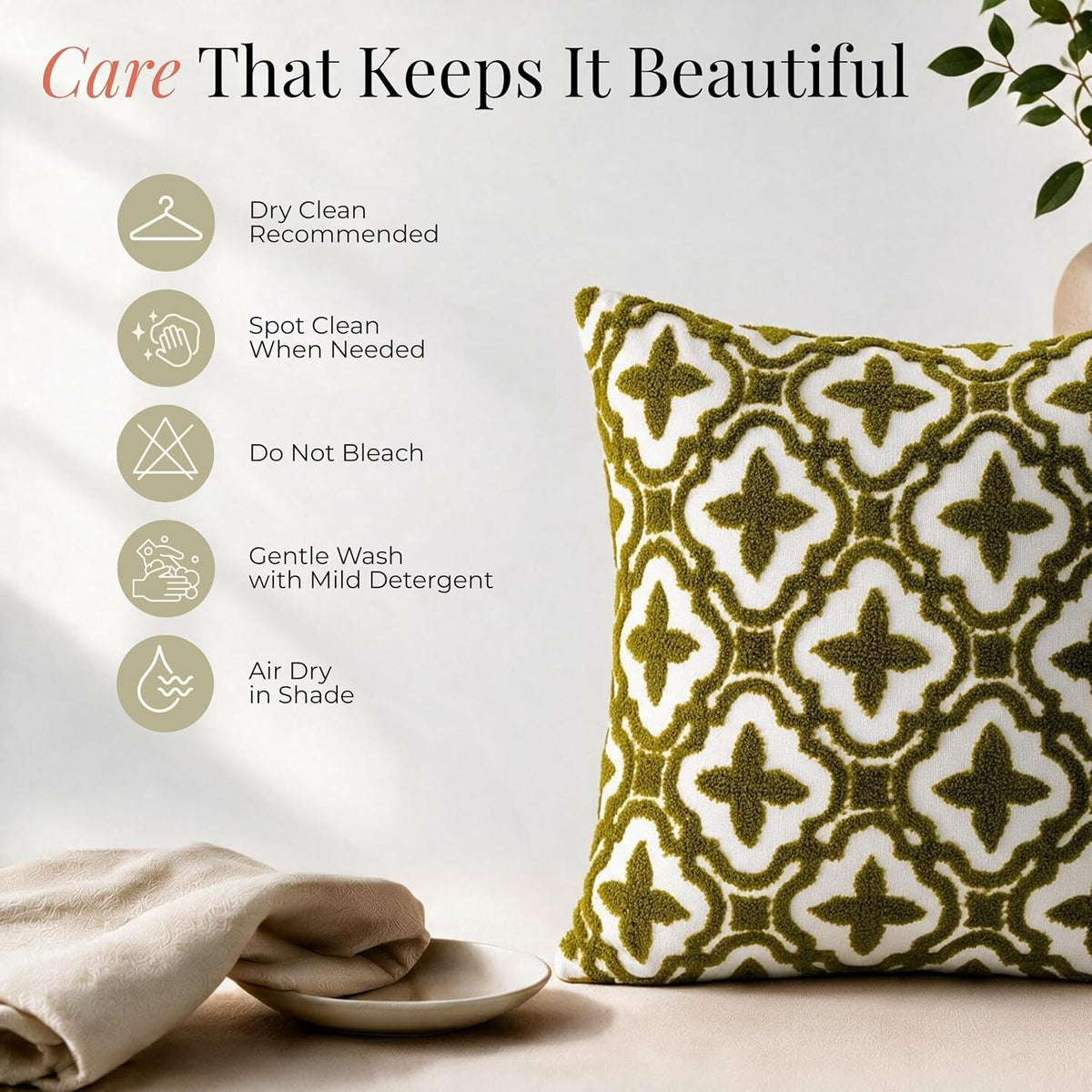 HOKIPO Crewel Bouclé Embroidered Cushion Cover, Green, 16 x 16 in - image 6