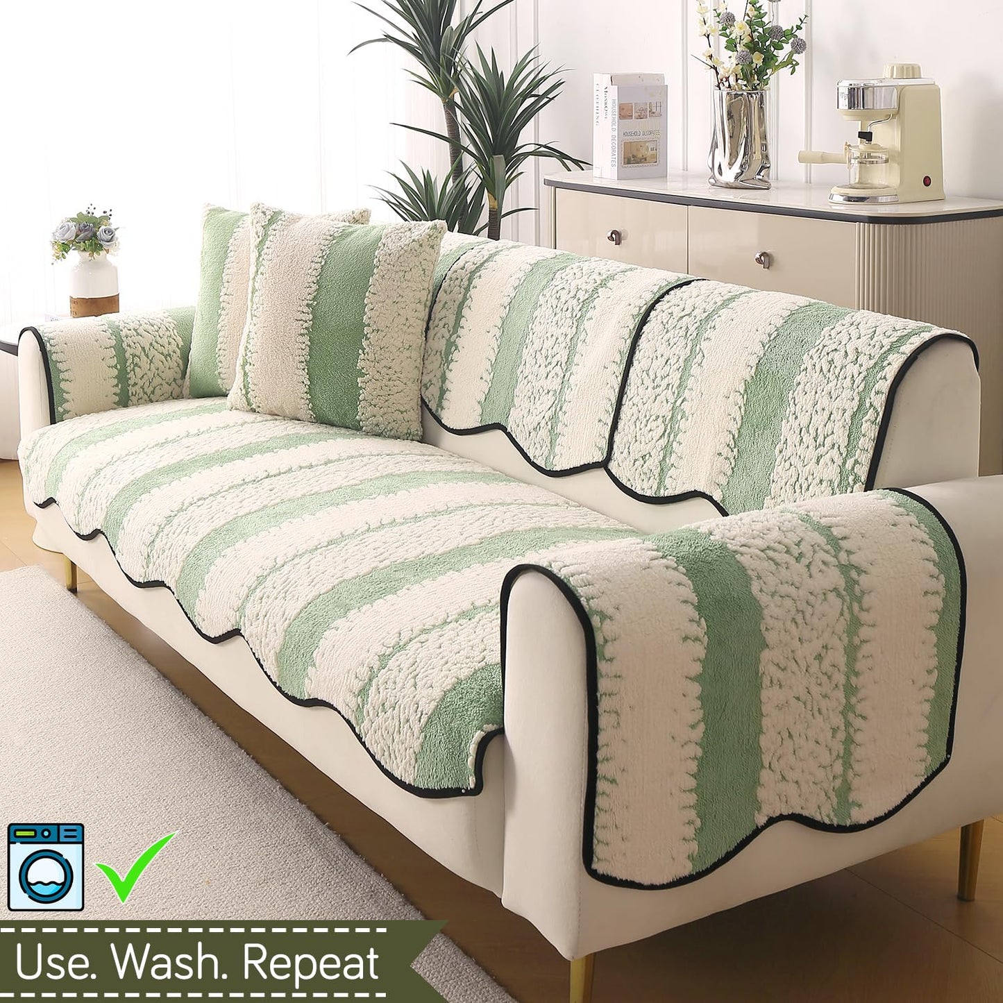 Luxury Wavy Anti Slip Plush Sofa Cover Mat, Pistachio Green