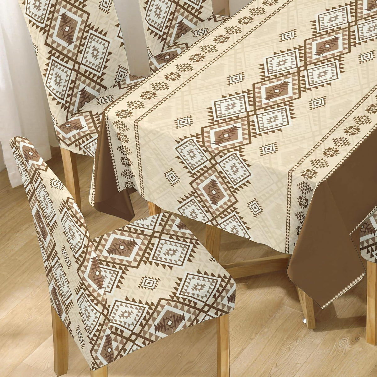 Polyester Dining Chair Covers Set of 4/6 with Matching Tablecloth, Rhombus Moss Brown