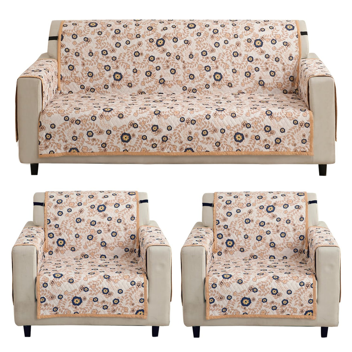 Light Peach Candytuft Printed quilted 3 1 1 seater sofa cover