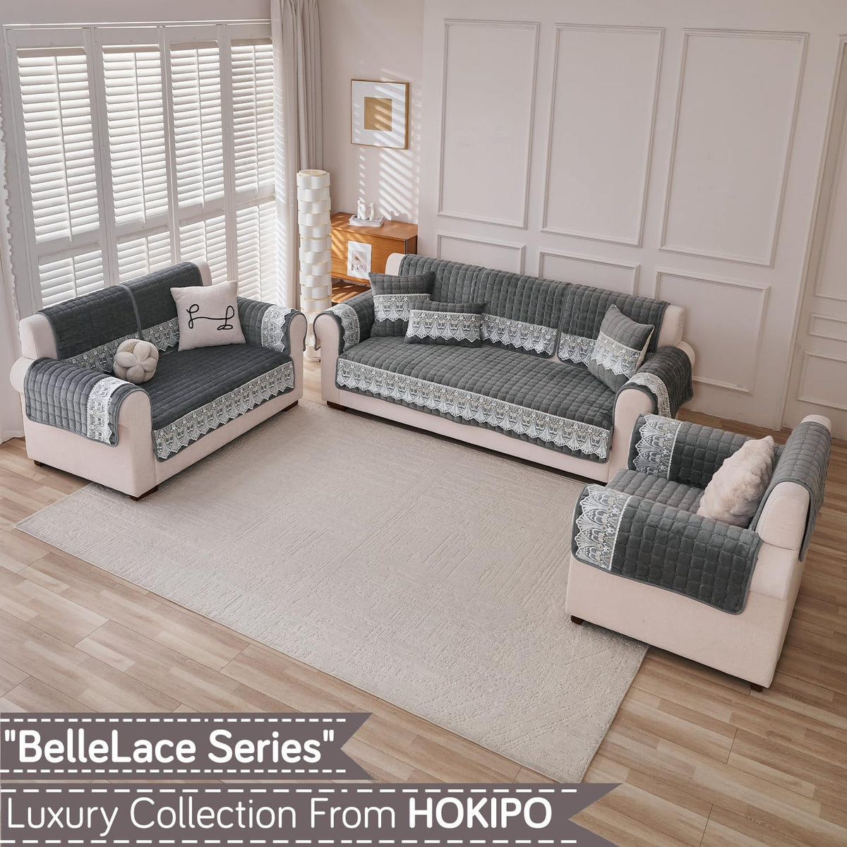 BelleLace Series Imperial Milk Velvet Sofa Cover Mat with Lace Design - Porpoise Grey