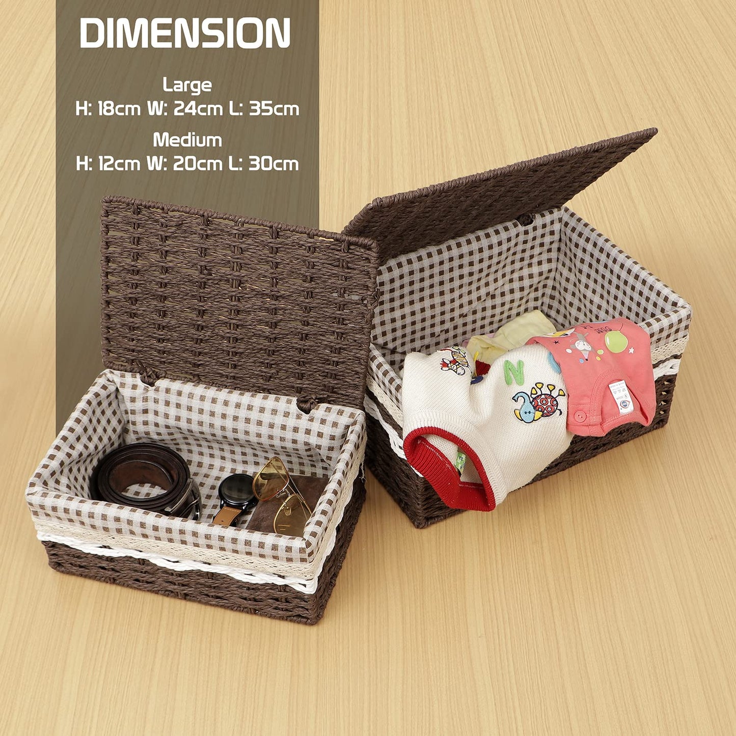Environmental Friendly Paper Rope Wicker Storage Baskets with lid, Pack of 2, Brown