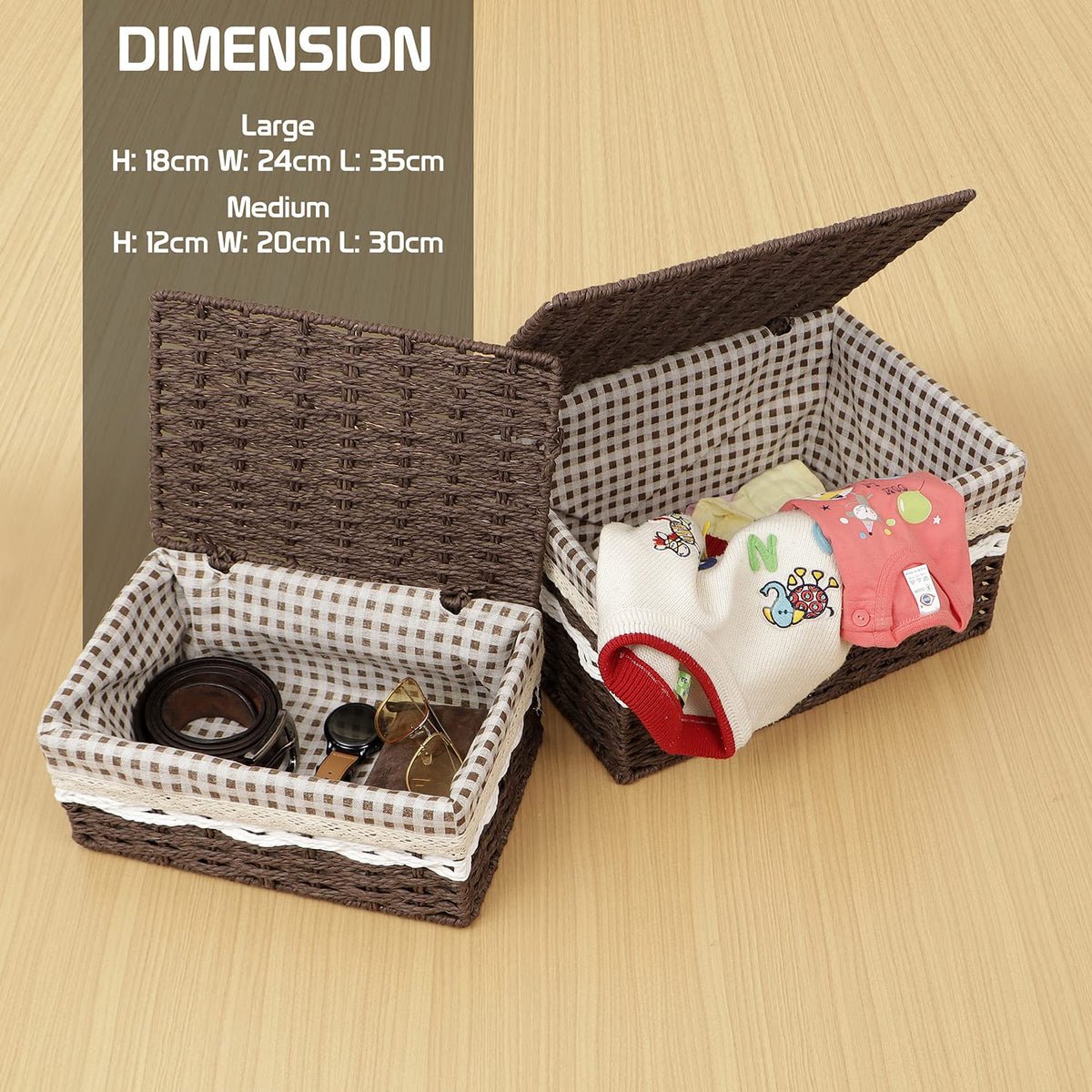 Environmental Friendly Paper Rope Wicker Storage Baskets with lid, Pack of 2, Brown