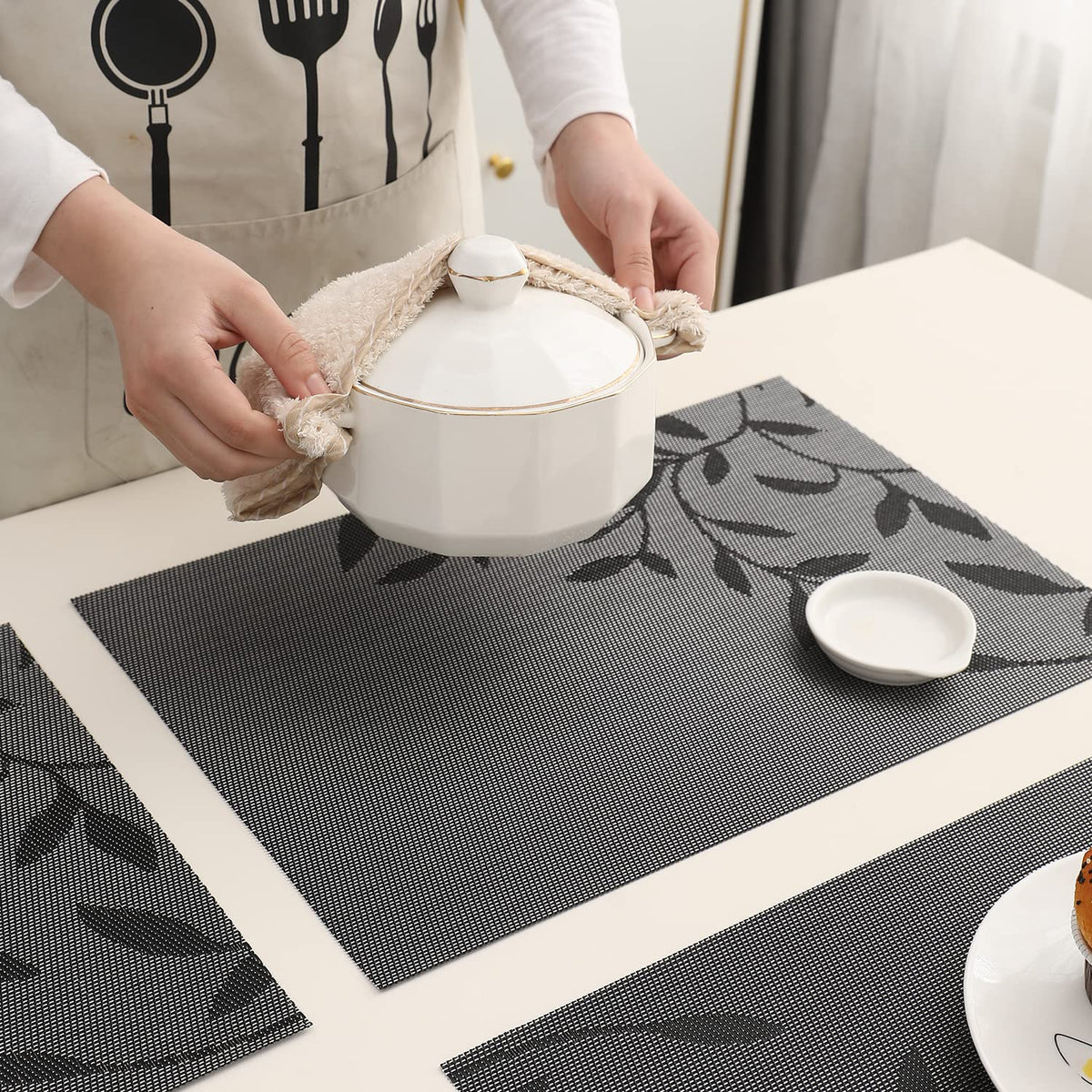PVC Dining Table Mats, Black Leaves