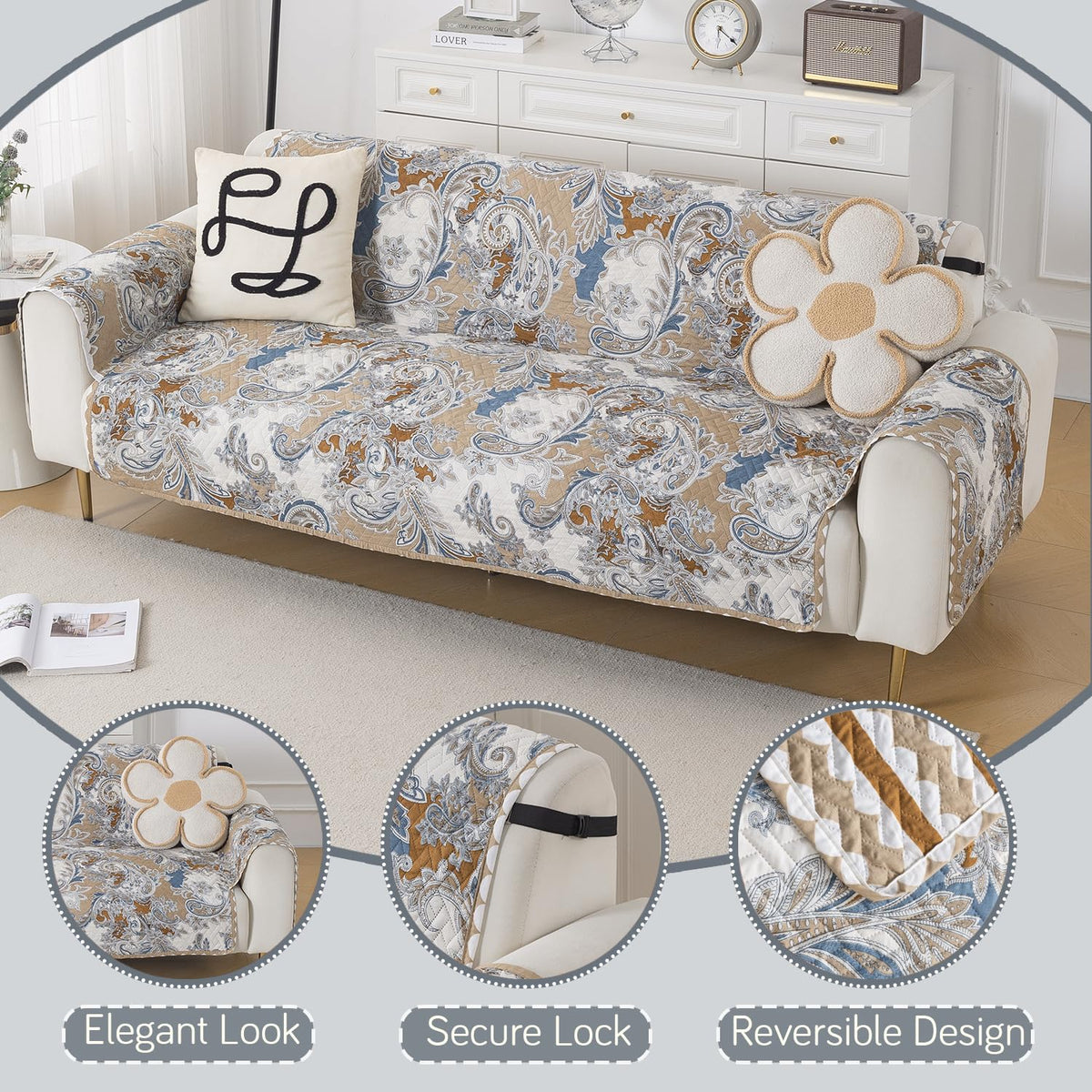 Easy Drape Reversible Quilted 5-Seater Sofa Cover (3+1+1), Urban Floral