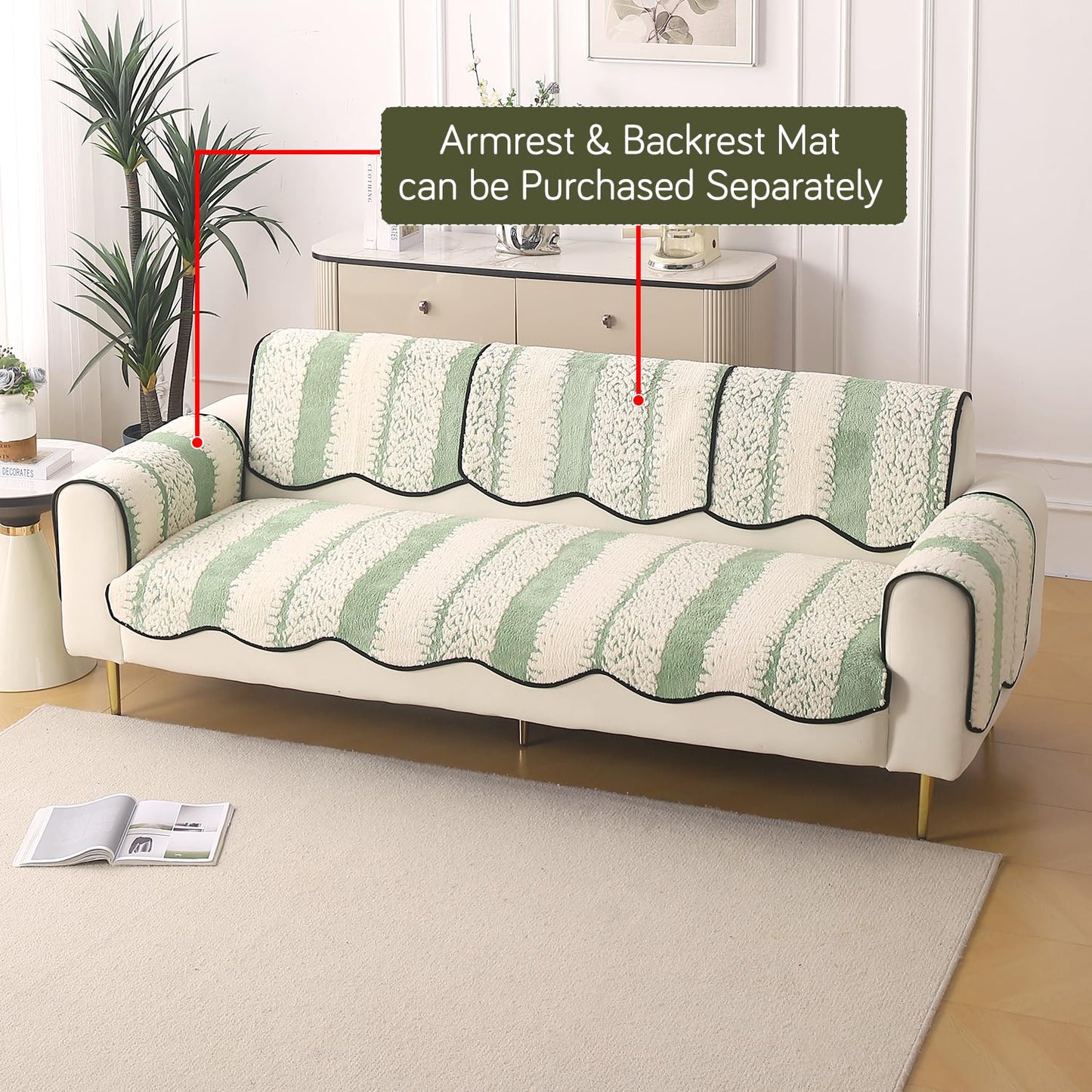 Luxury Wavy Anti Slip Plush Sofa Cover Mat, Pistachio Green
