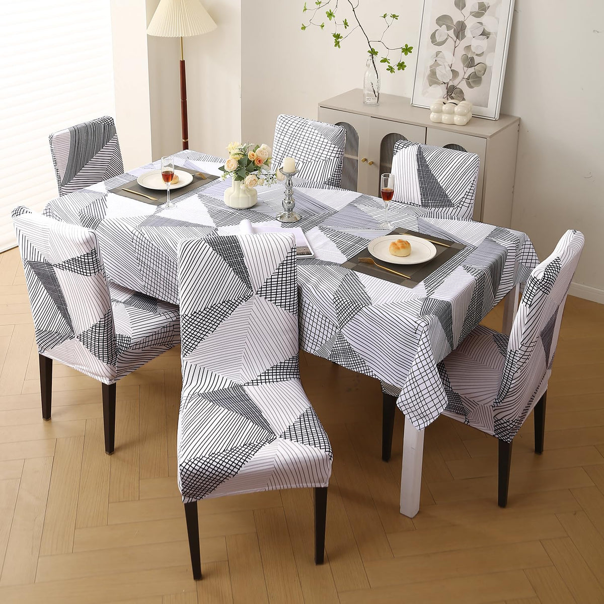 Elastic Dining Chair Covers with Matching Tablecloth, Snow White Black Geometry