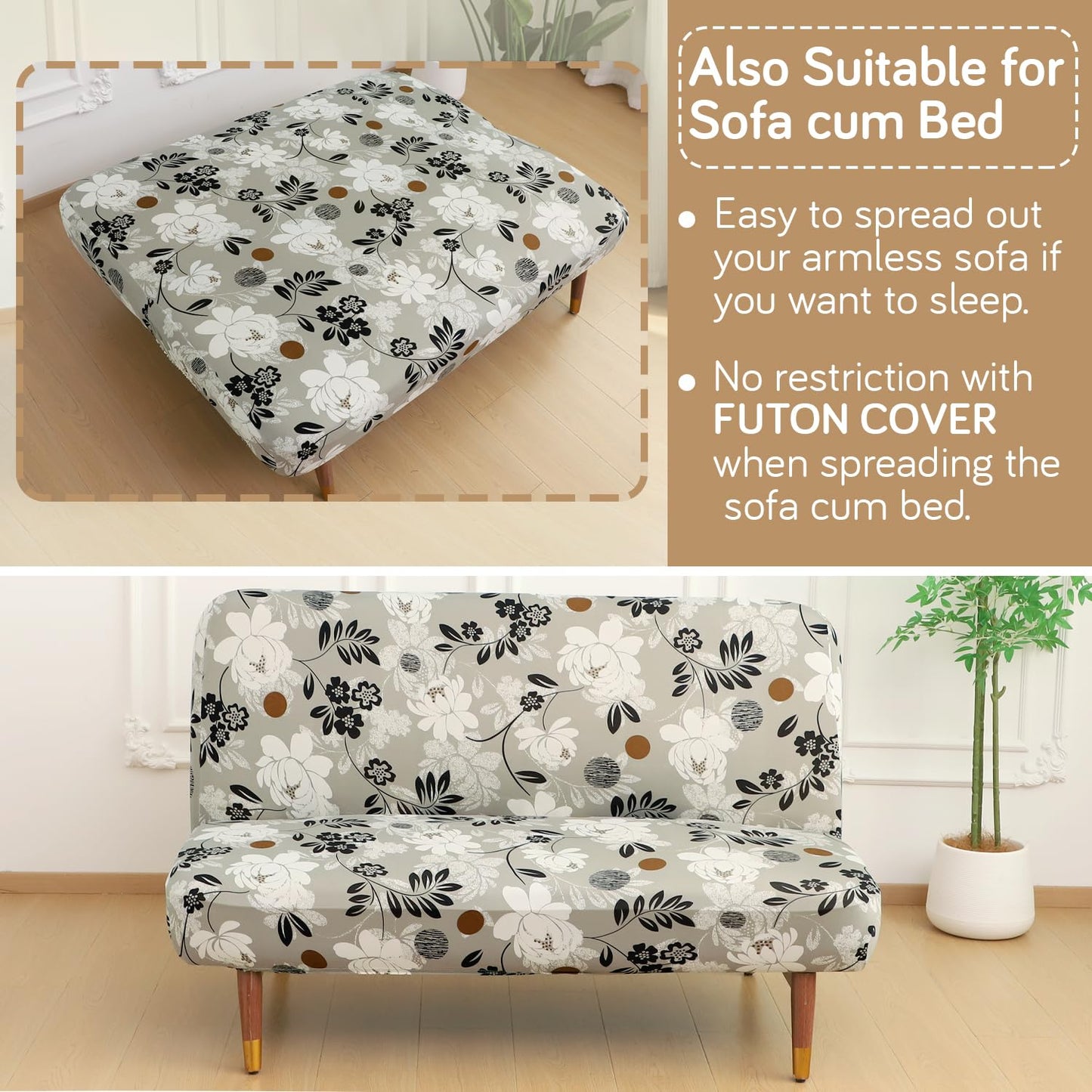 Elira Series Stretchable Elastic Armless Sofa Cover – 140 GSM, Futon Slipcover, Easy Fit, Feather Brown Floral