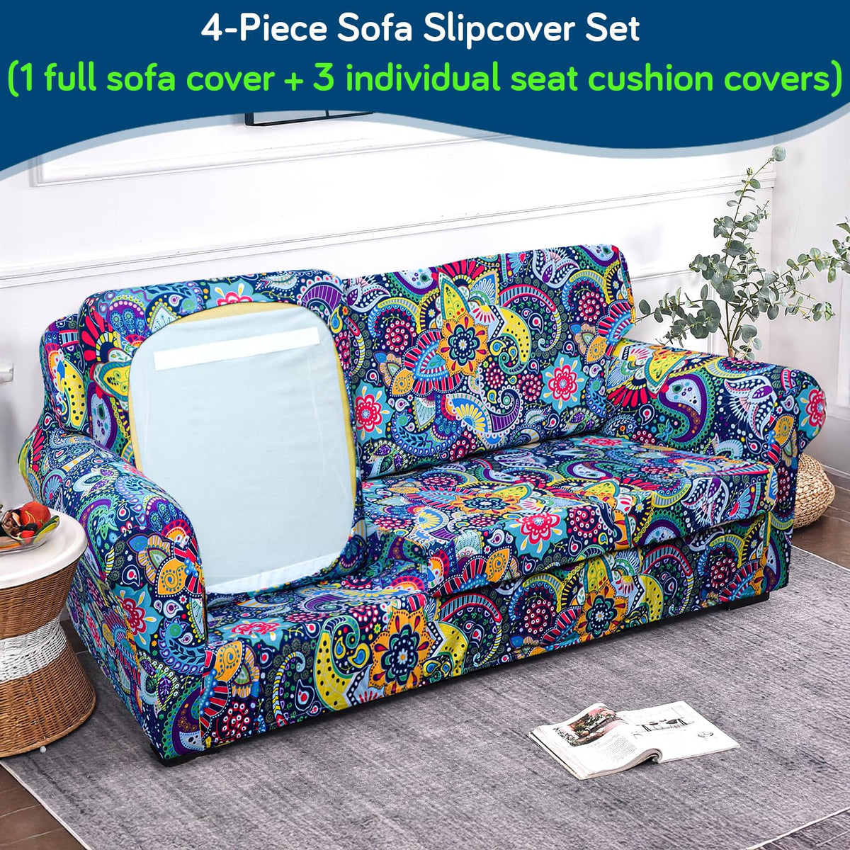 Printed Stretchable Sofa Slipcover with 1/2/3 Pc Separate Seat Cushion Cover for each 1/2/3 Seater, Saphire Boho Carnival
