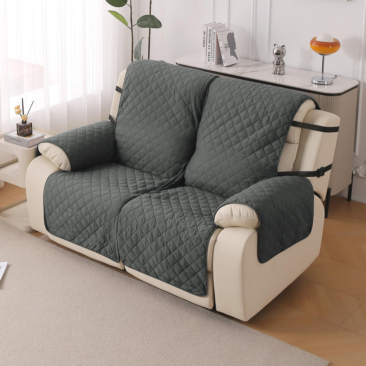 UrbanQuilt Recliner Sofa Slipcover Mat with Dual Belt for 1/2/3 Seater - Anchor Grey
