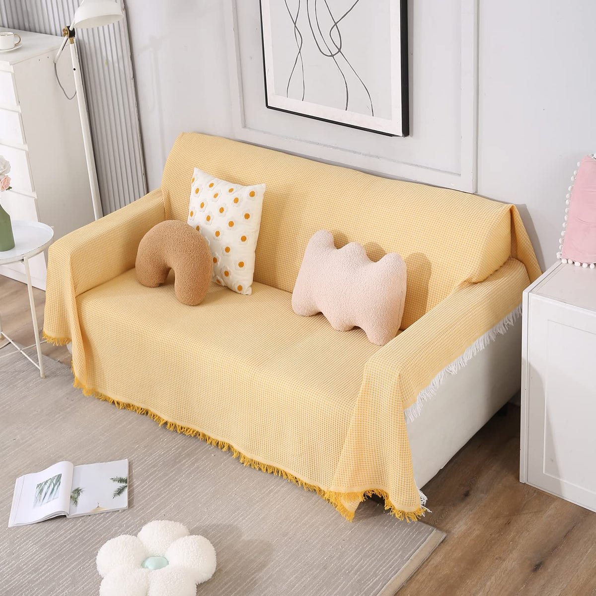 Yellow colour polycotton 3 seater sofa throw of size 180(D)x300(L)
