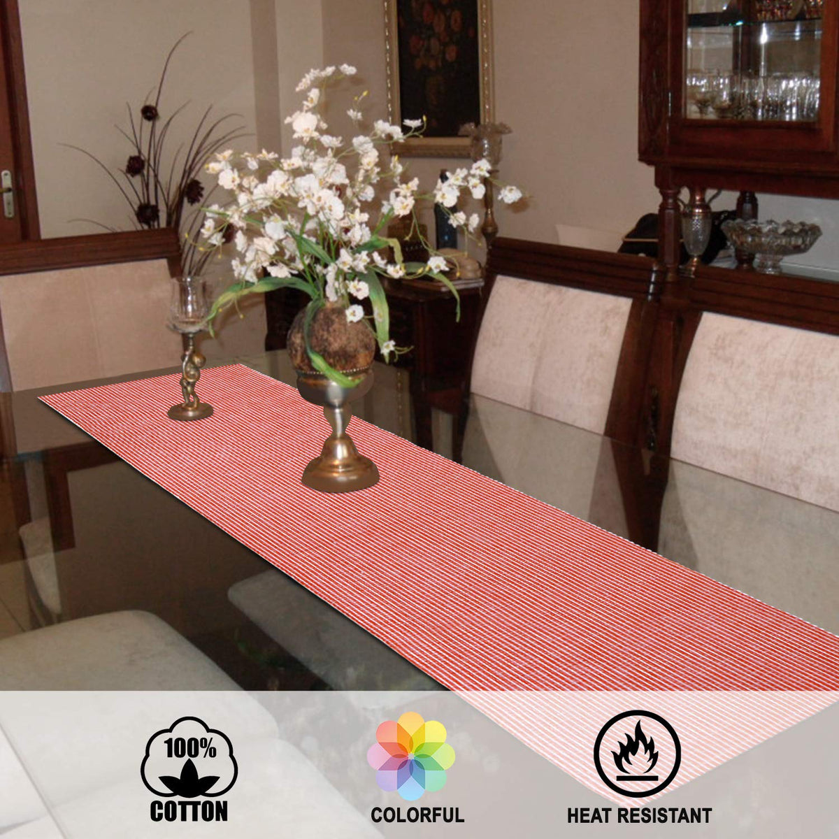 Buy Red Colour Heat Resistant Eco-friendly Cotton Ribbed Dining Table Runner | HOKIPO