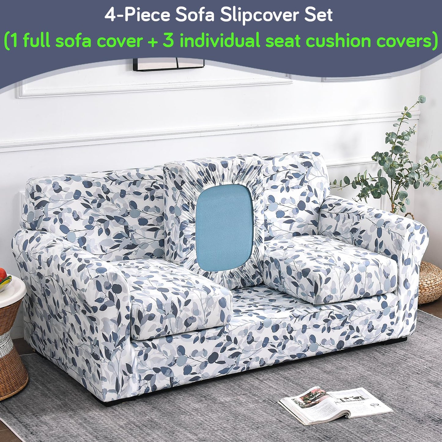 Printed Stretchable Sofa Slipcover with 1/2/3 Pc Separate Seat Cushion Cover for each 1/2/3 Seater,Frost Blue Foilage