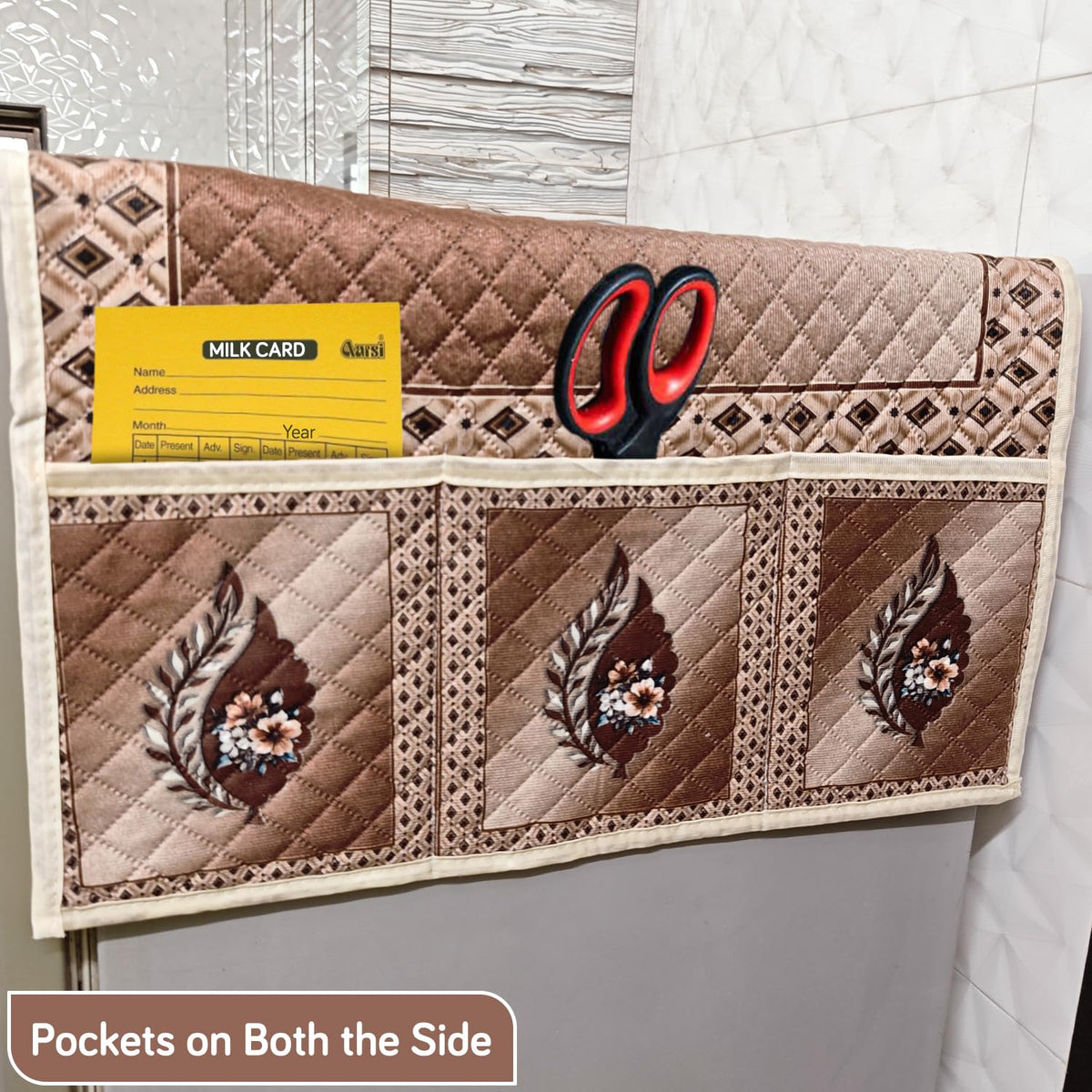 Eternal Floral Printed Quilted Fridge Top Cover with side Pockets - Ember Bloom
