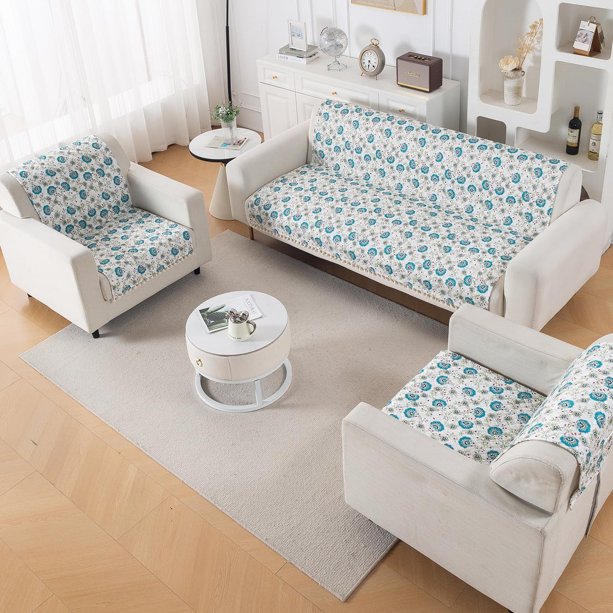Quilted Sofa Cover 5-Seater Sofa Cover (3+1+1), Tassel Twigs | Cerulean Bloom