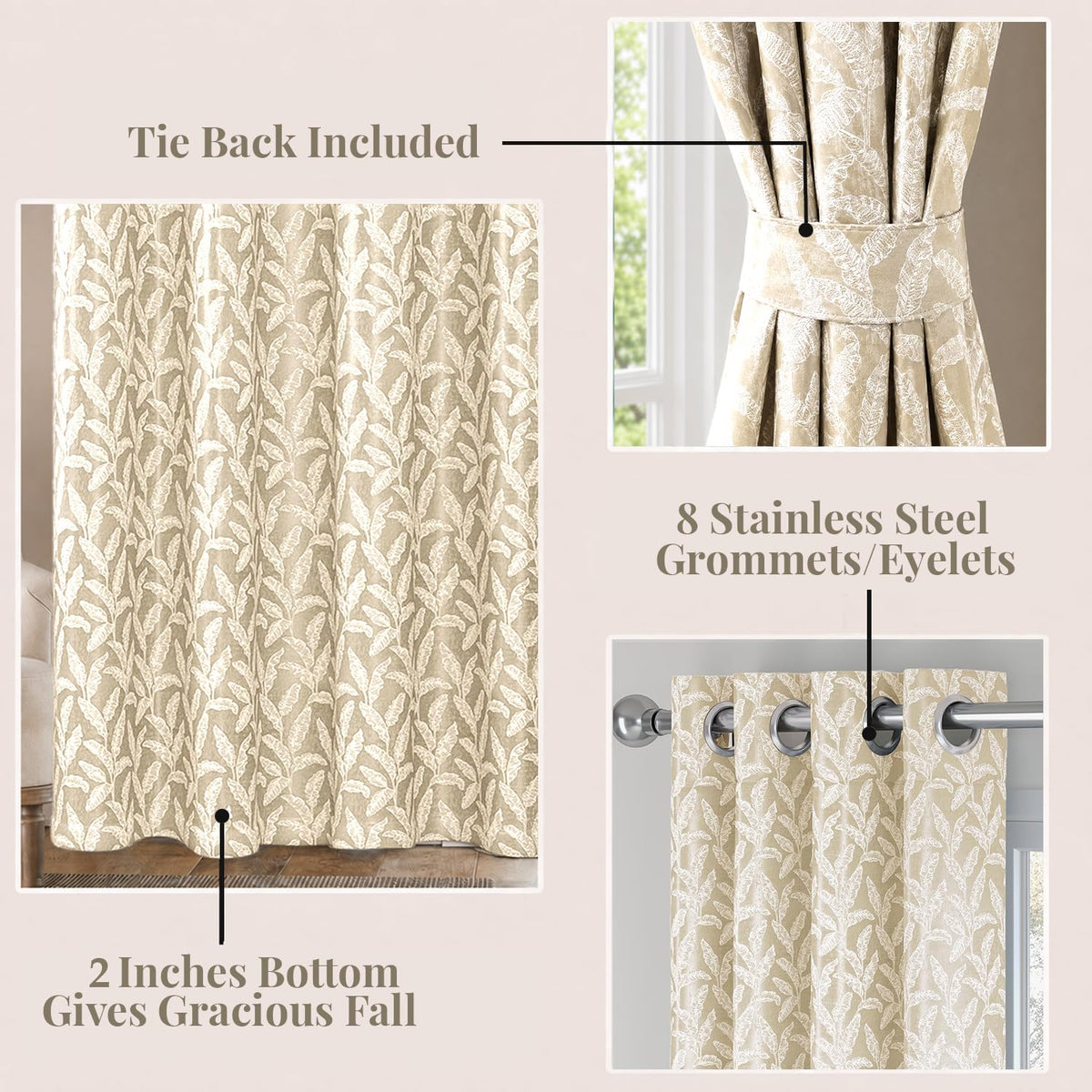 HOKIPO Majestic Eyelet Curtains, 7 Feet Long - Sand - image 4