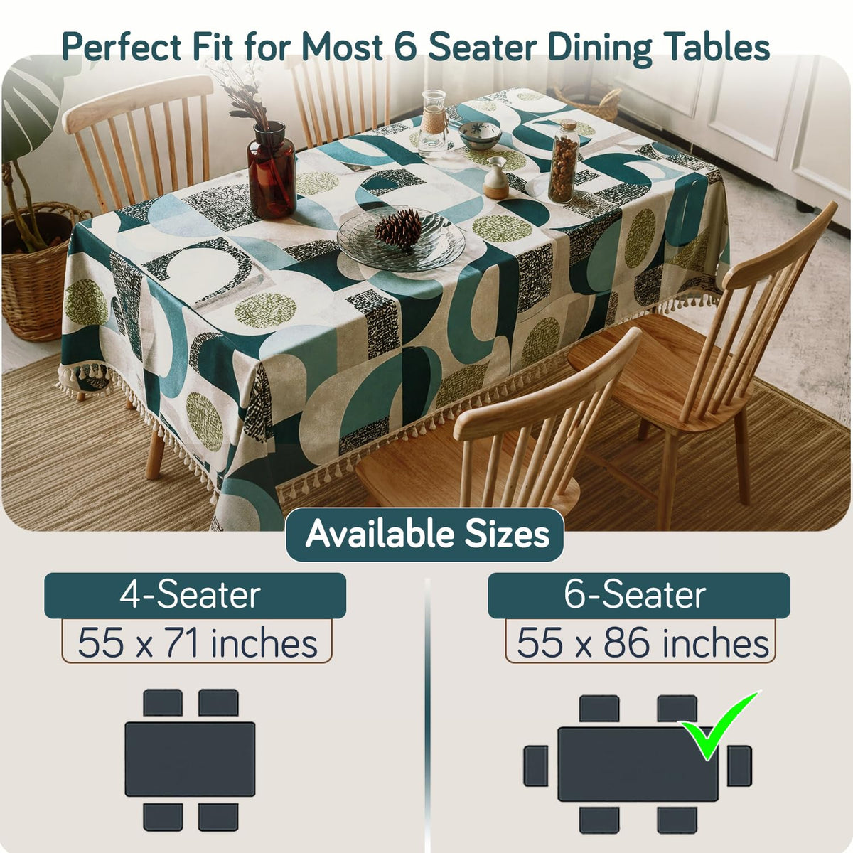 HOKIPO ShieldQuilt Table Cloth with Tassel Edge for 4/6 Seater, Aqua Geometry - image 3