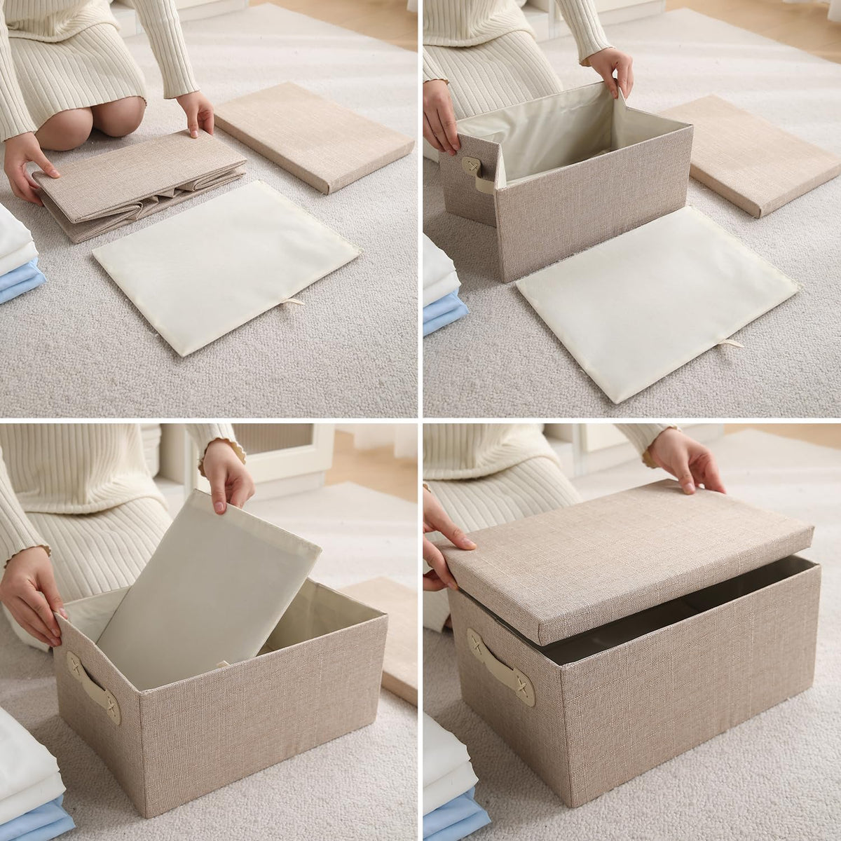 Organisers Storage Box with Lid, Beige, Pack of 2