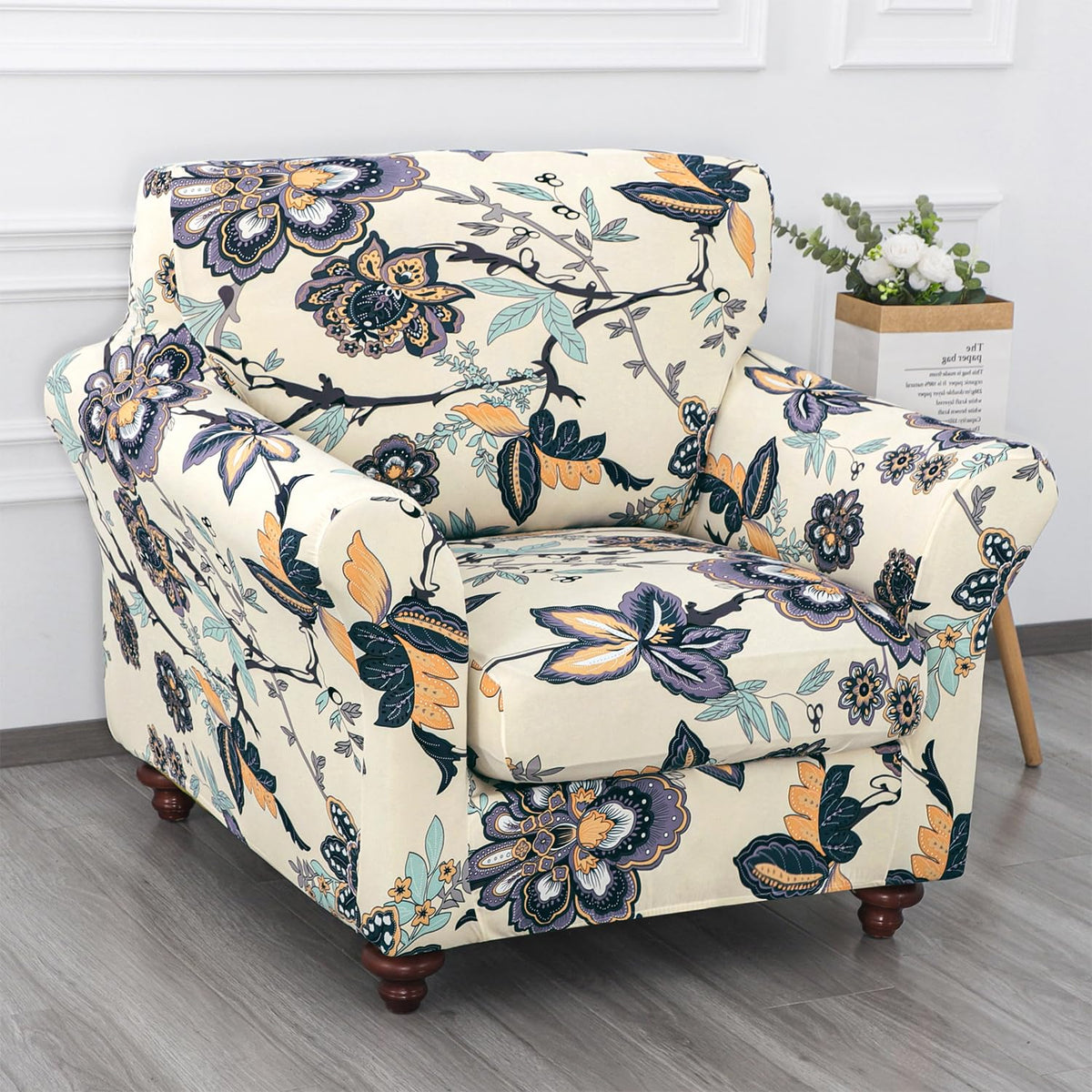 Printed Stretchable Sofa Slipcover with 1/2/3 Pc Separate Seat Cushion Cover for each 1/2/3 Seater, Cream Majestic Flora