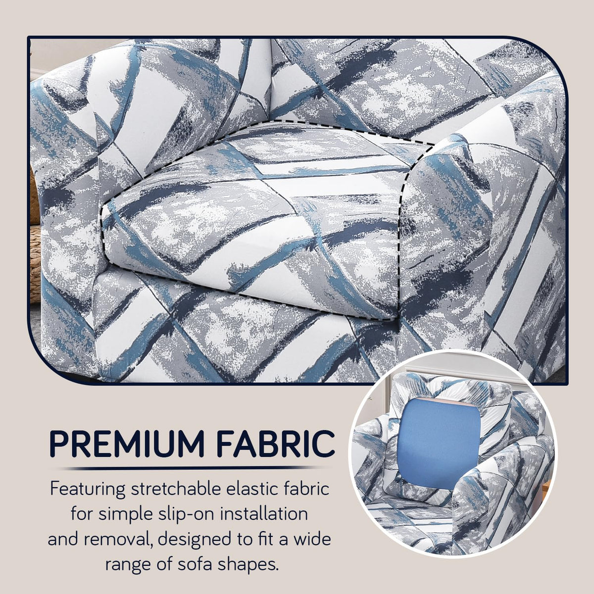 Printed Stretchable Sofa Slipcover with 1/2/3 Pc Separate Seat Cushion Cover for each 1/2/3 Seater, Graphite Glacier Grid