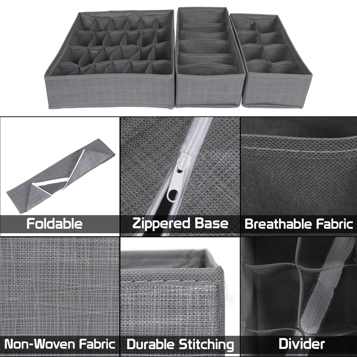Non-Woven Fabric Undergarment Organizer Storage Box For Drawers Bra Panty Socks Tie Lingerie Organizer For Wardrobe, Grey