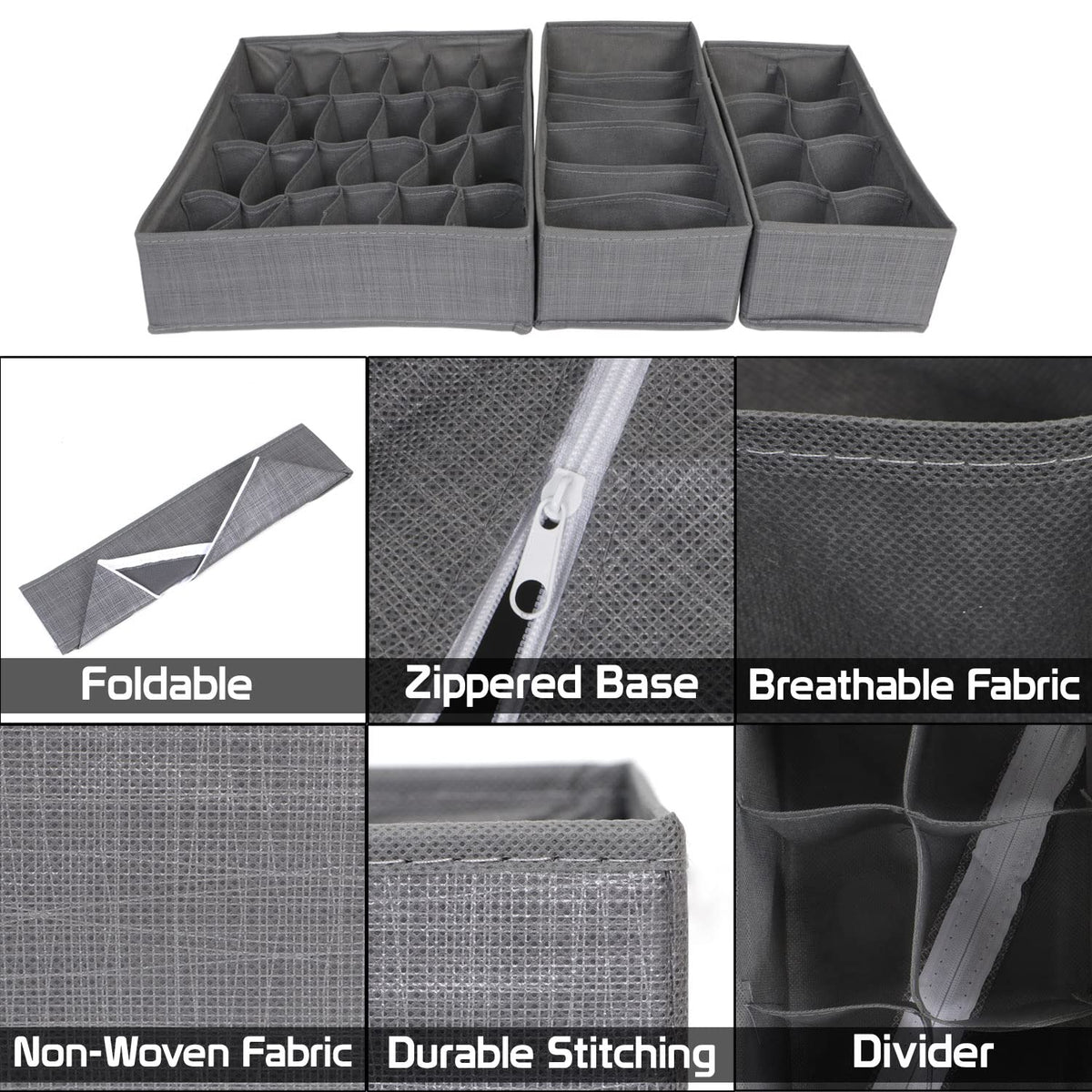 Non-Woven Fabric Undergarment Organizer Storage Box For Drawers Bra Panty Socks Tie Lingerie Organizer For Wardrobe, Grey