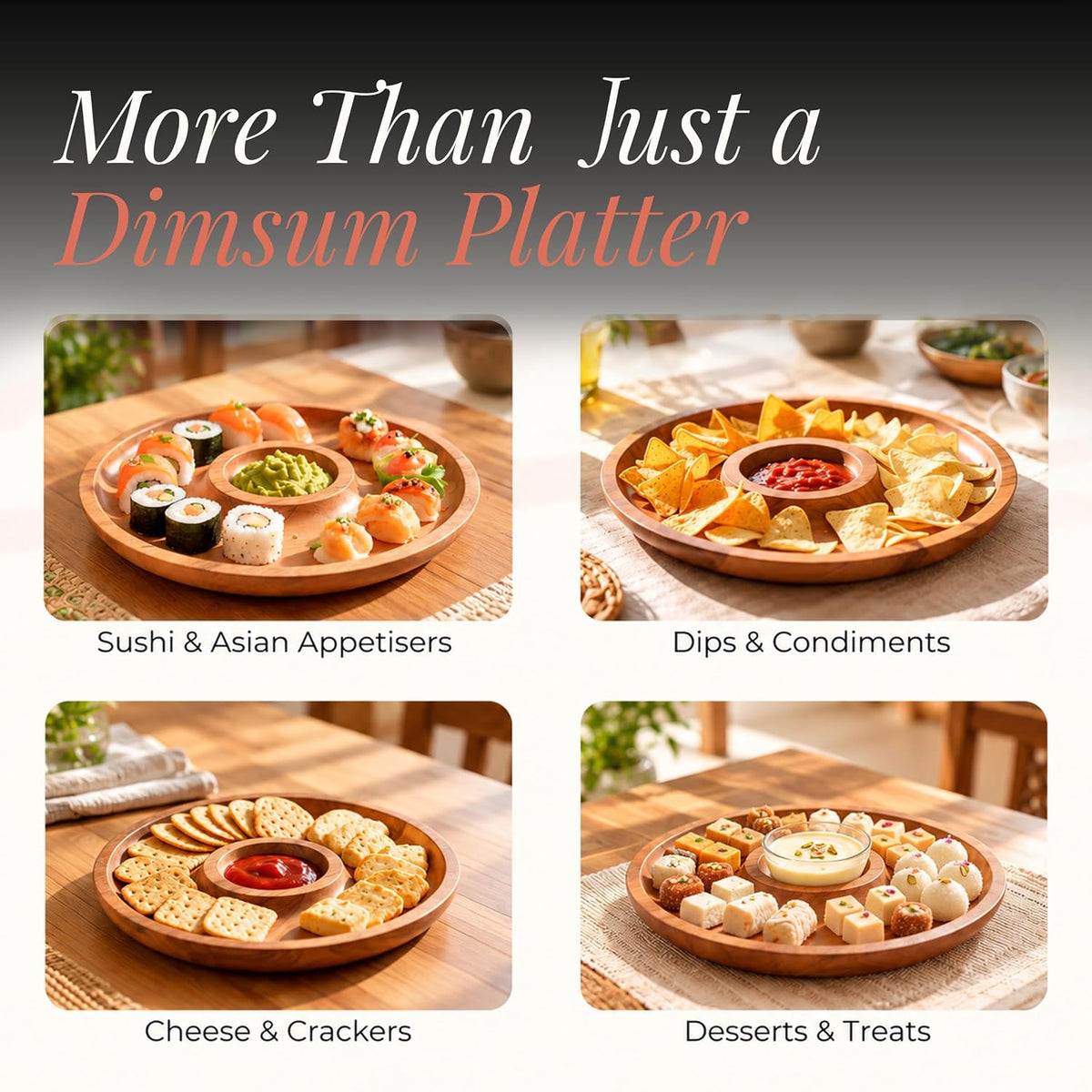 HOKIPO Arbor Acacia Wood Chip and Dip Platter, Round Dimsum Plate, 25 cm - image 5