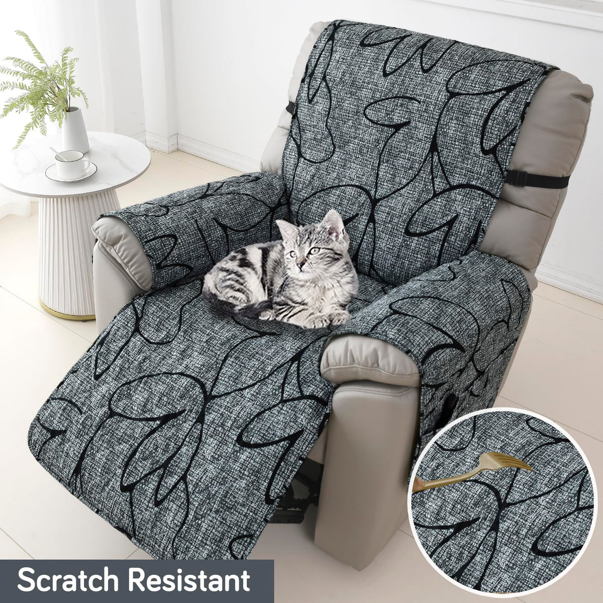 Quilted Recliner Water Repellent & Waterproof Cover for Small / Large - Intense Grey Abstract Floral