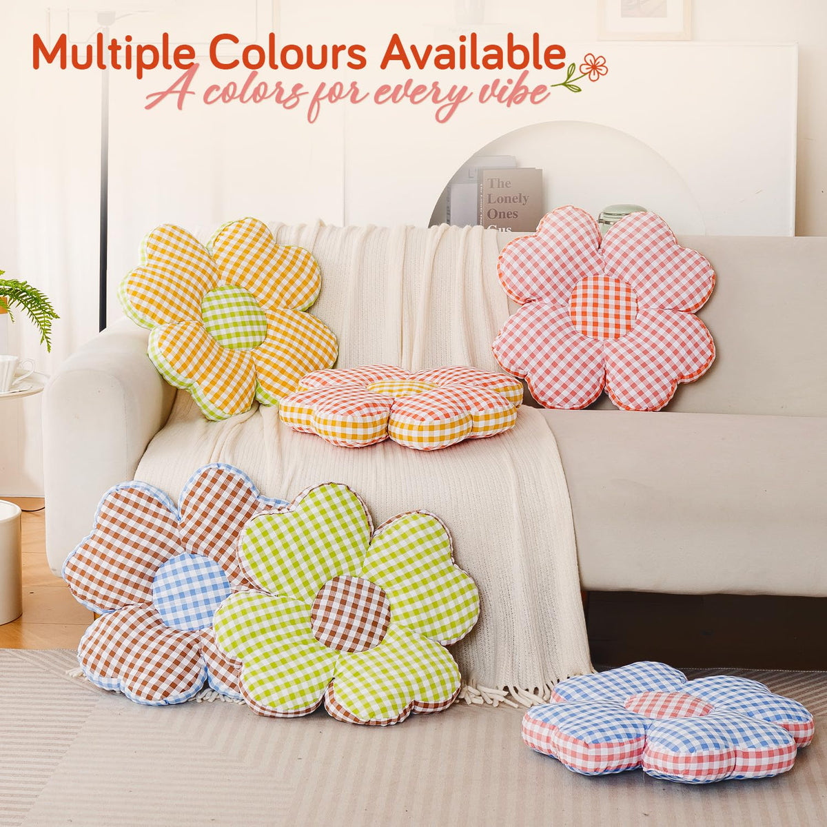HOKIPO Checkered Daisy Flower Cushion for Sofa & Bed, 49 cm, Pink