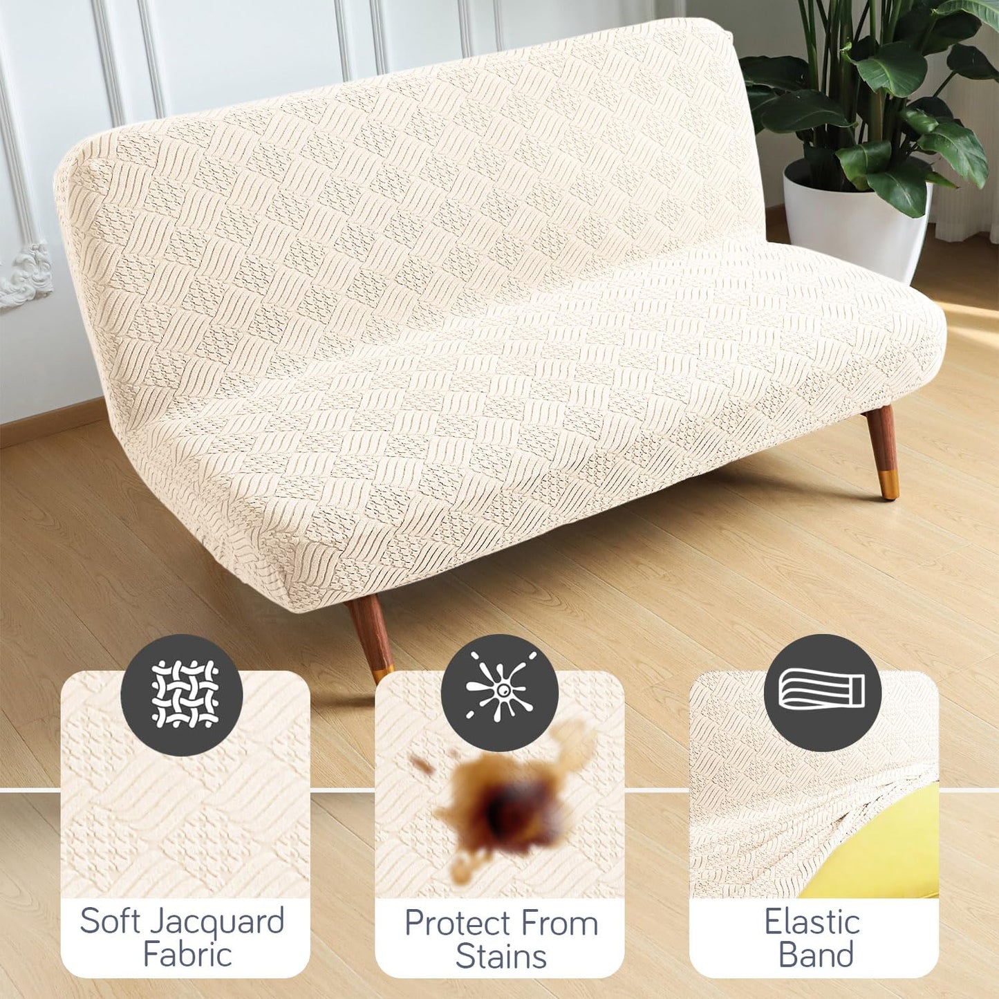 Luxurious Stretchable Spandex Jacquard Sofa-Cum-Bed Cover for Futon – Beige