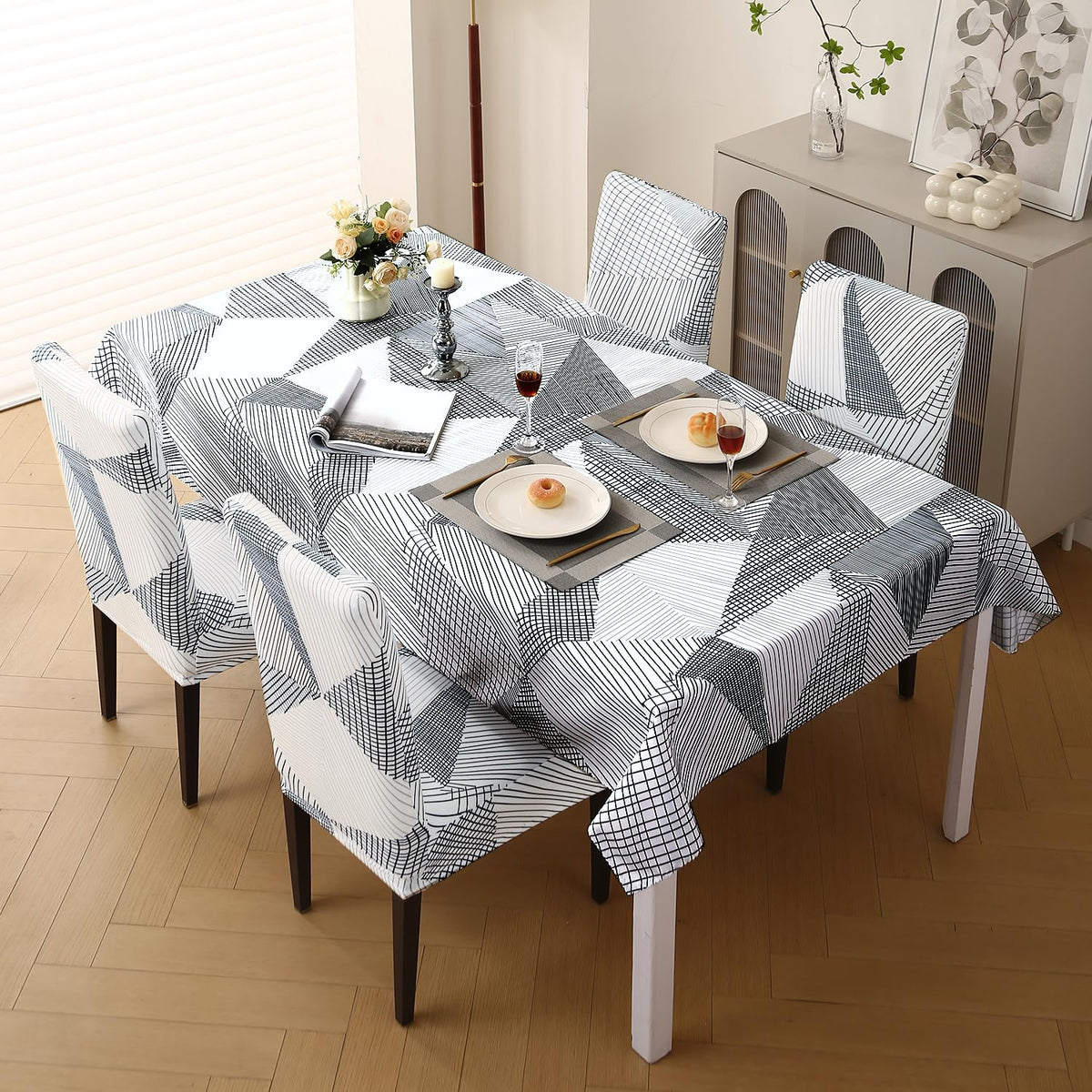 Elastic Dining Chair Covers with Matching Tablecloth, Snow White Black Geometry