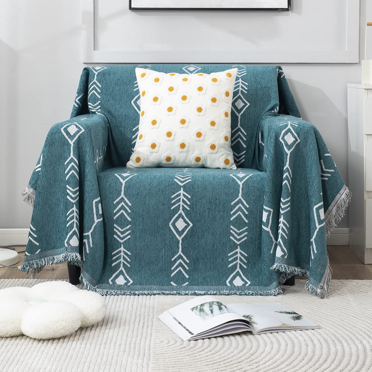 Thick, Soft and Pet Friendly Chenille Sofa Cover Throw, Teal Aztec