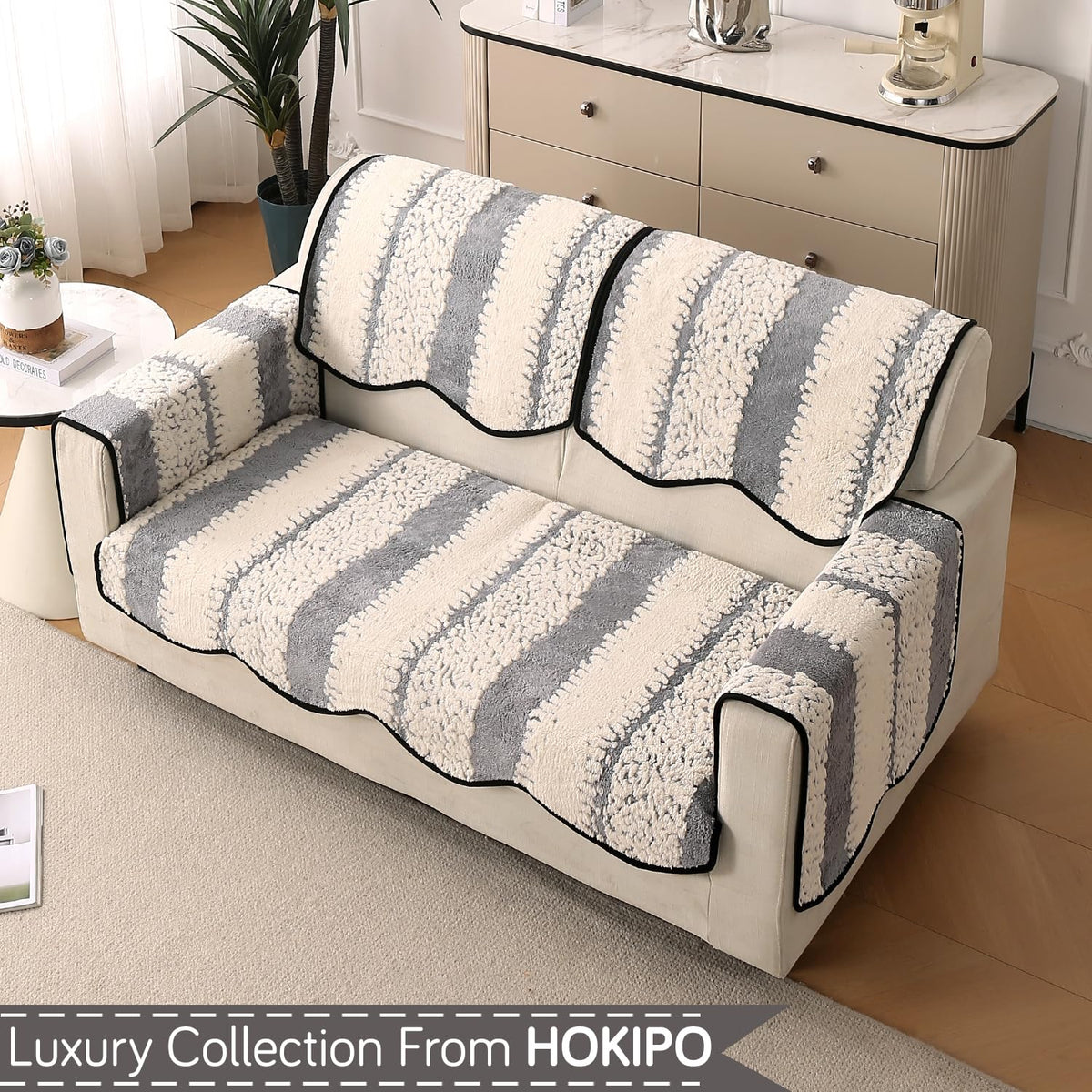 Luxury Sofa Cover Set | Seat, Back & Arm Covers | Anti-Slip Wavy Mat – Pewter Grey