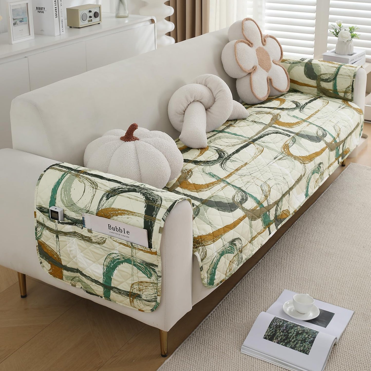 Waterproof Quilted Sofa Seat Mat for 1/2/3 Seater with 2 Armrest Covers with Pockets, Parchement Beige Abstract Art