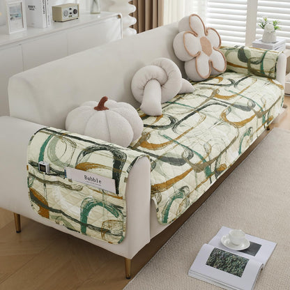 Waterproof Quilted Sofa Seat Mat for 1/2/3 Seater with 2 Armrest Covers with Pockets, Parchement Beige Abstract Art