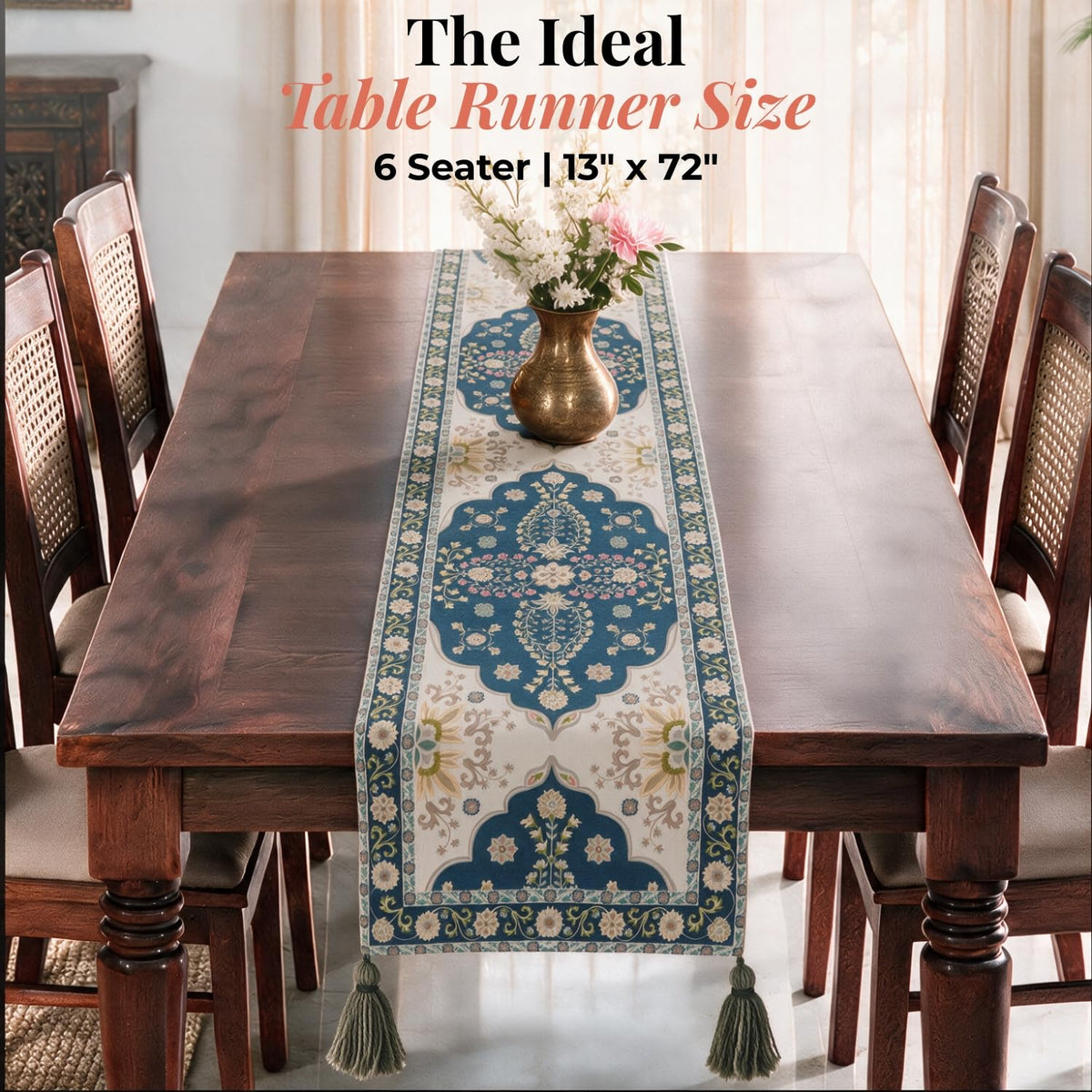 HOKIPO Heritage Pattern Printed & Embroidered Table Runner, Navy Blue - image 6