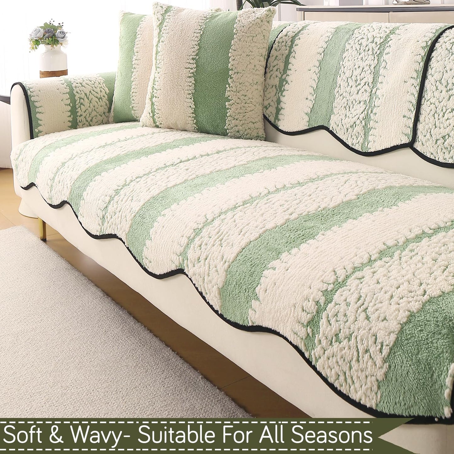 Luxury Sofa Cover Set | Seat, Back & Arm Covers | Anti-Slip Wavy Mat – Pistachio Green