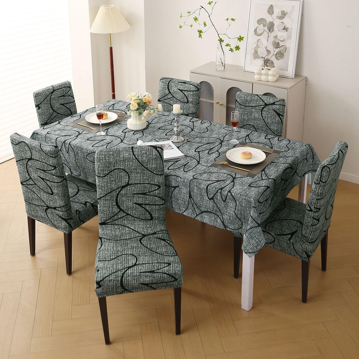 Elastic Dining Chair Covers with Matching Tablecloth, Intense Grey Abstract Floral