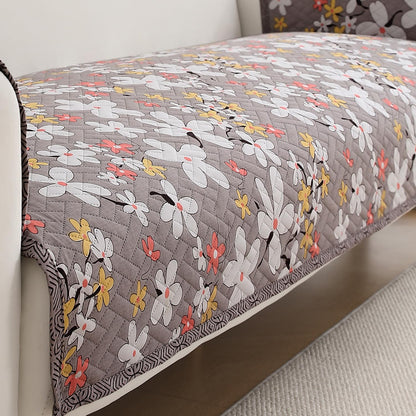 HOKIPO Quilted Sofa Seat Mat for 1/2/3 Seater with 2 Armrest Covers with Pockets, Pastel Brown Sandwort Flower