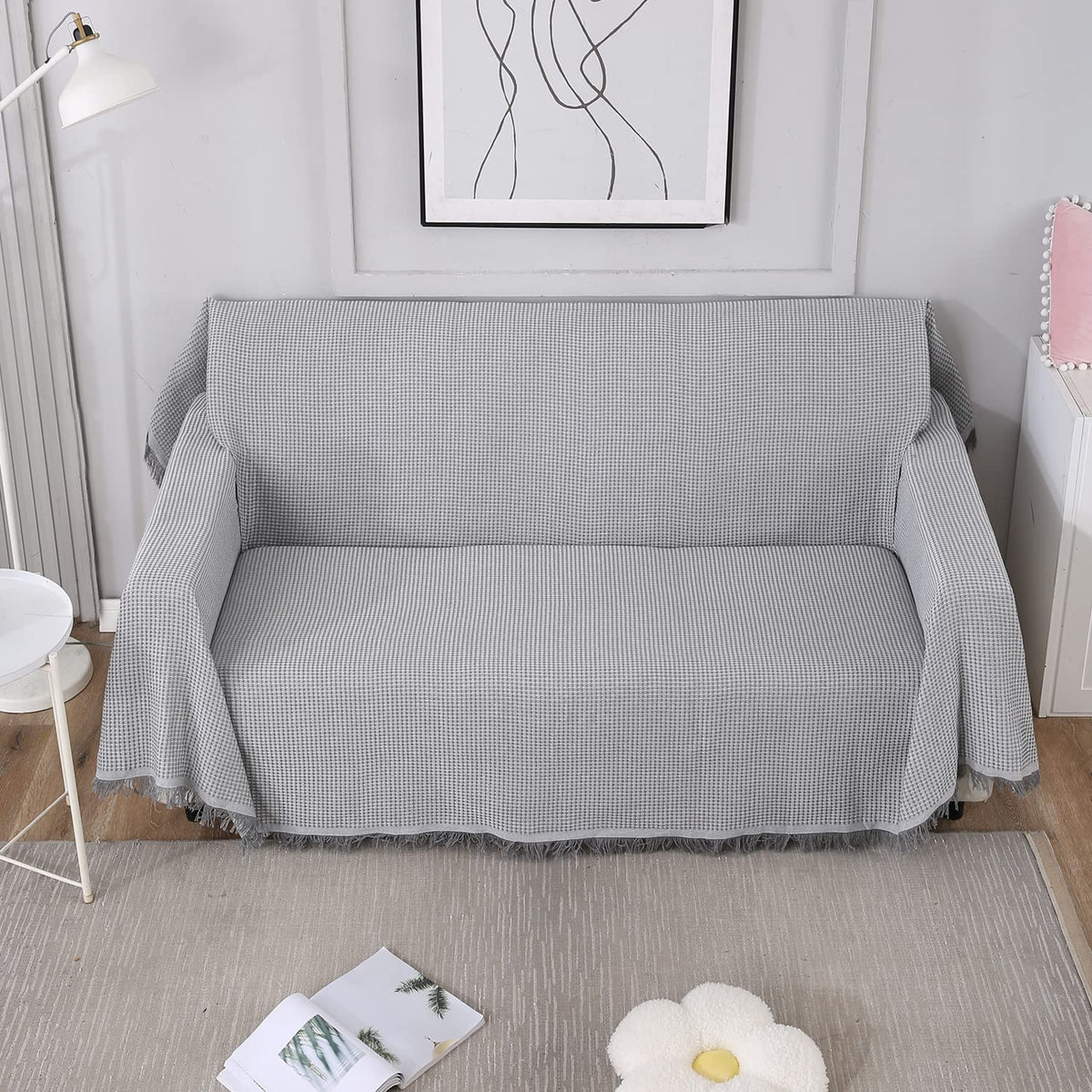 Grey colour polycotton sofa throw in size 180(D)x180(L) for one seater, 180(D)x230(L) for two seater, 180(D)x300(L) for 3 seater
