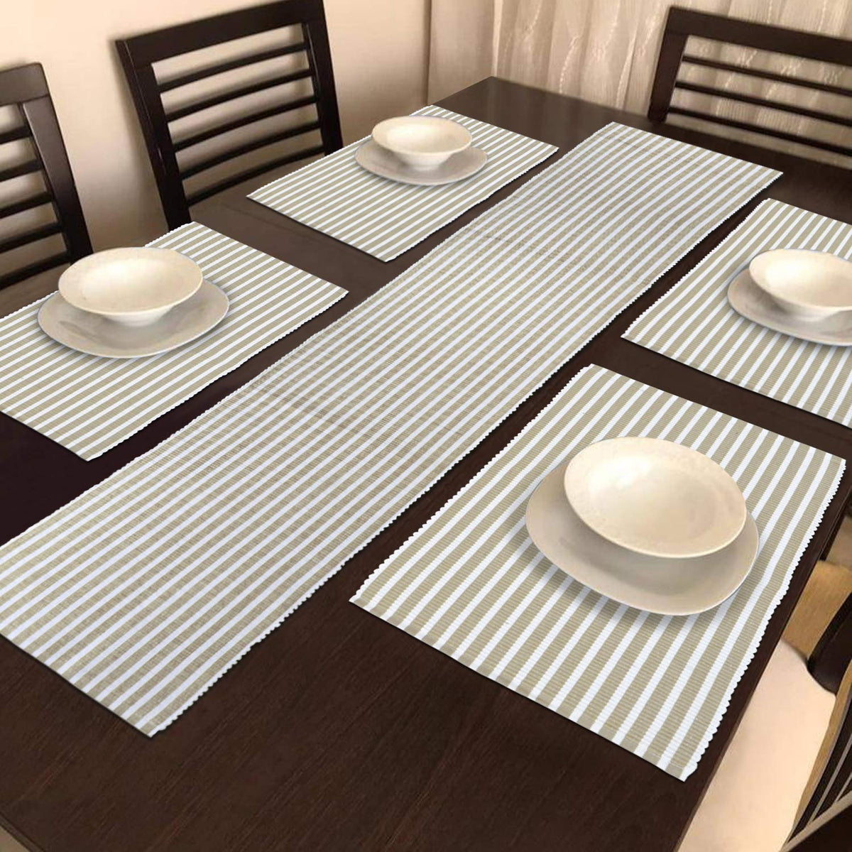 Ribbed Cotton Heat Resistant Dining Table Mat, Brown Striped