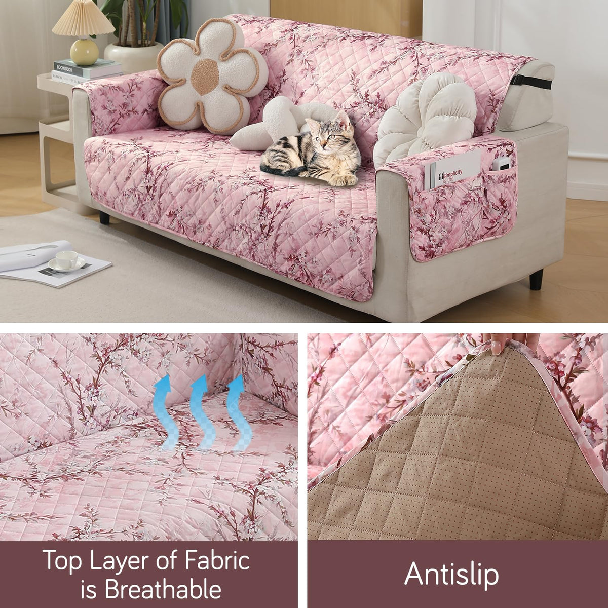 Blossom Flower Pink print Fabric & Anti-slip quilted waterproof sofa cover | Hokipo