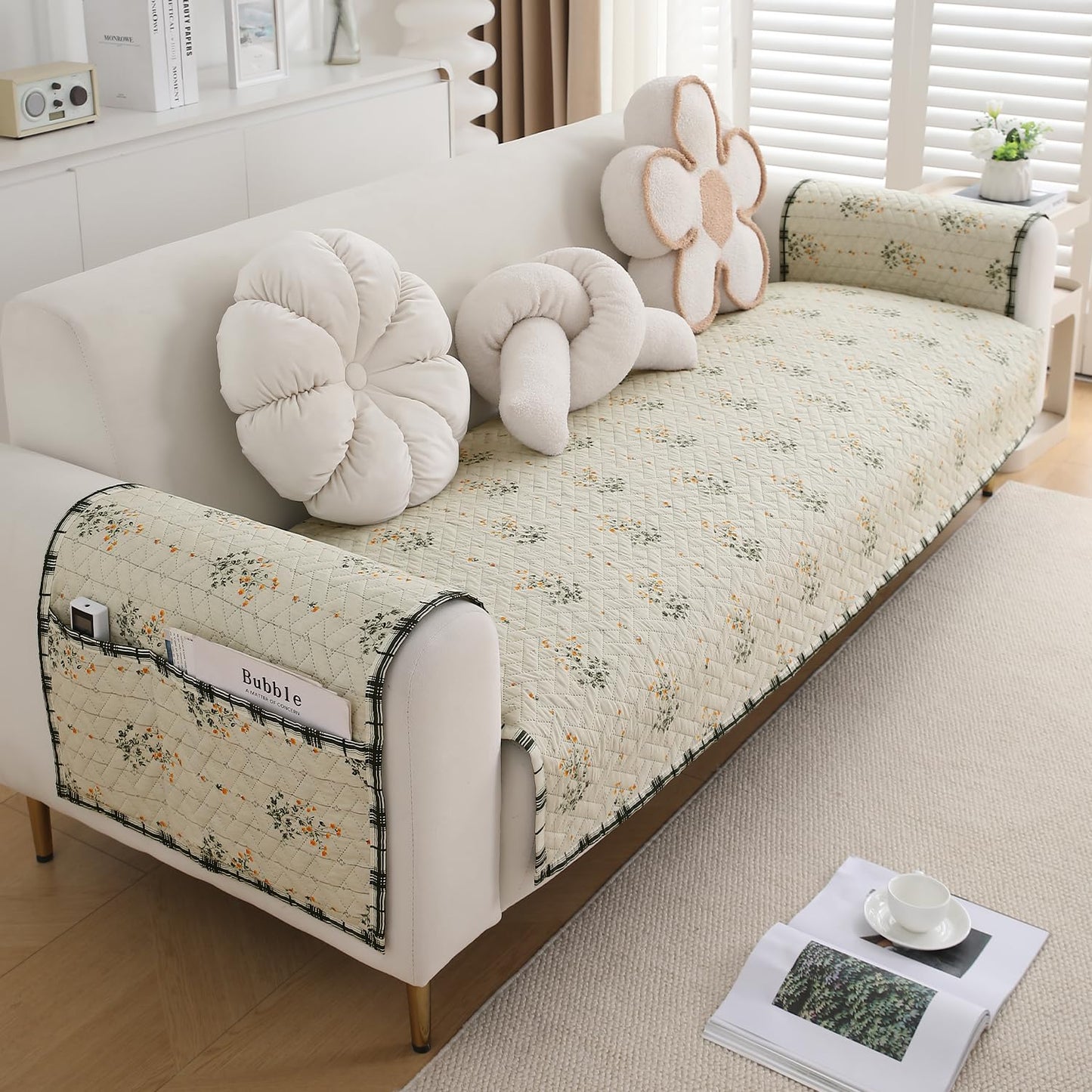 Quilted Sofa Seat Mat for 1/2/3 Seater with 2 Armrest Covers with Pockets, Light Green Ash Gypsy Flower