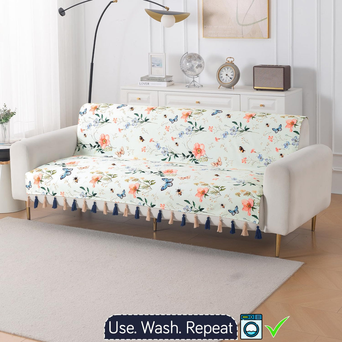'Whispers of Nature' Series Holland Velvet Sofa Cover with Tassel, Pastel Butterfly Meadow