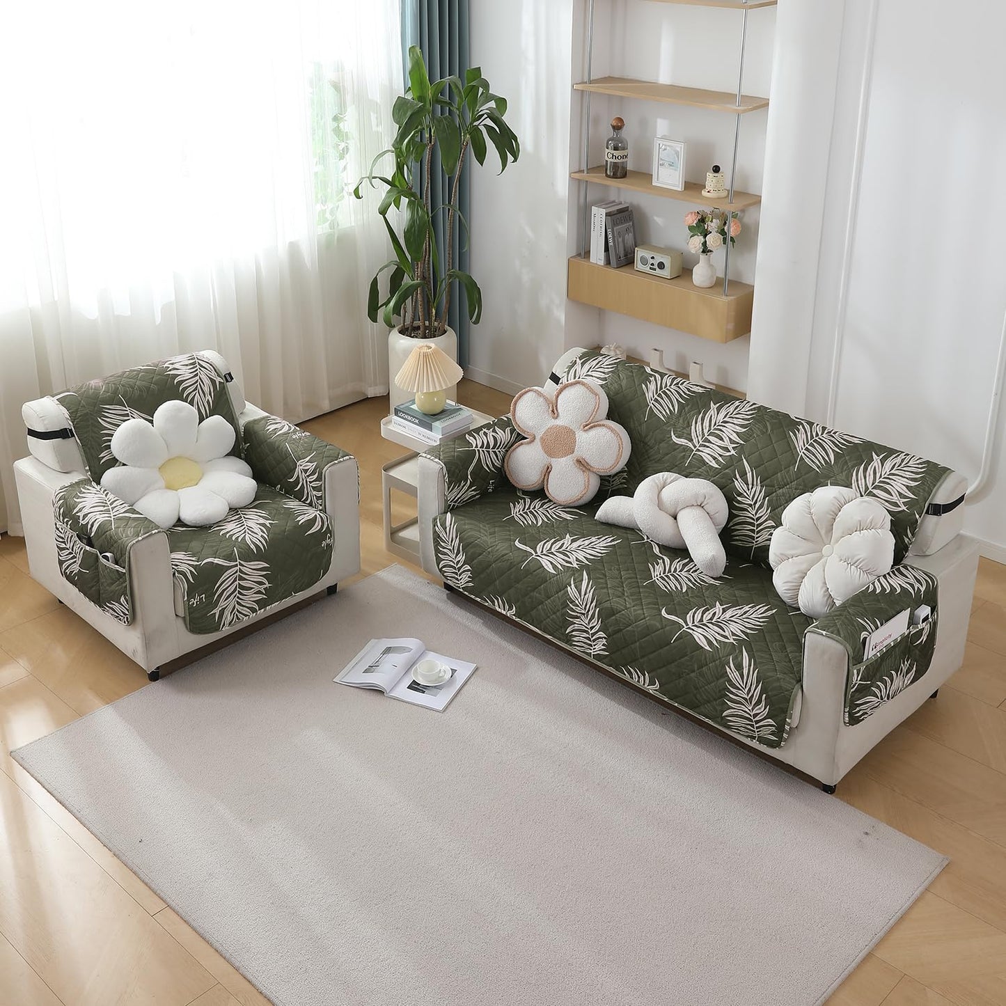 Quilted Waterproof Sofa Cover Mat with Pockets on Armrest Cover - Palm Leaves Olive