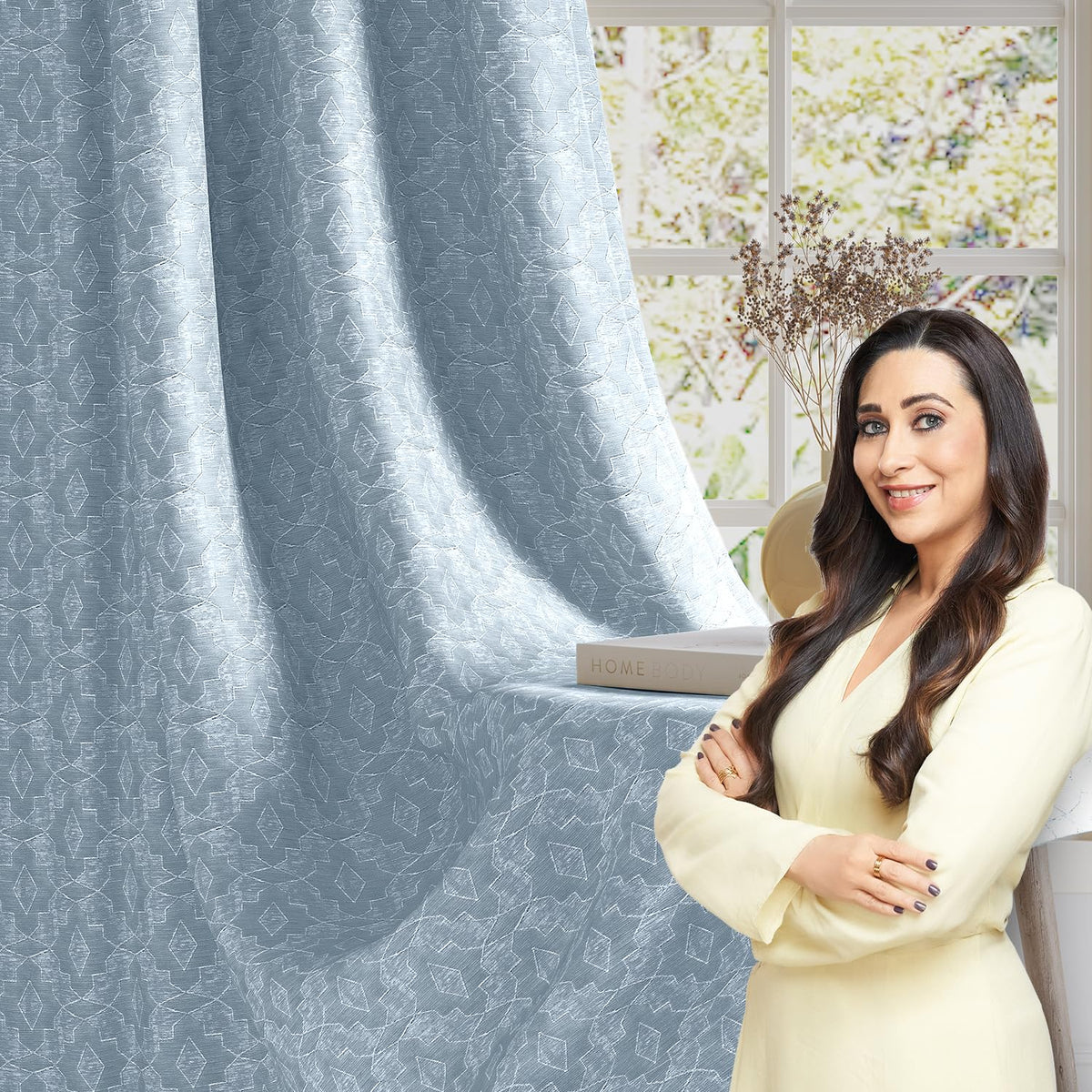 HOKIPO Marrakesh Jacquard Eyelet Curtains, 7 Feet Long - Ice Blue