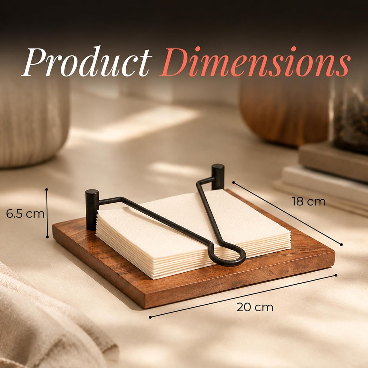 HOKIPO Arbor Acacia Wood Napkin Holder, Weighted Iron Arm, Tissue Holder - image 5