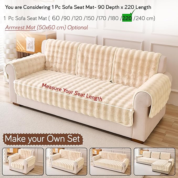 'FurHug' Premium Faux Rabbit Fur Sofa Seat Mats, Latte Brown