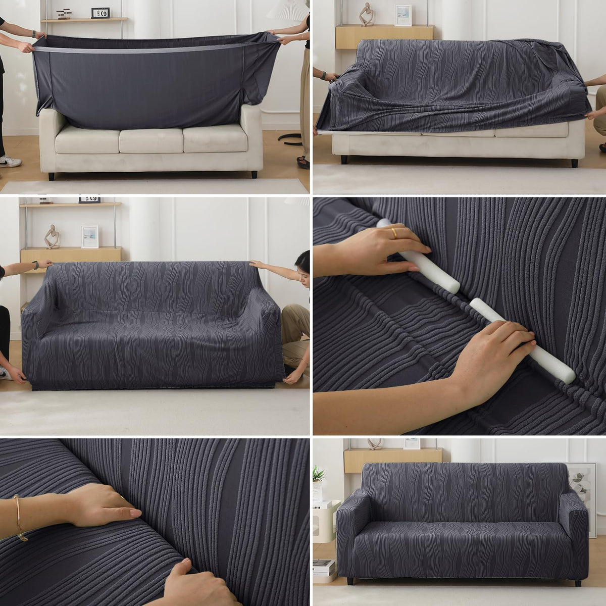 guide on how to put on porpoise grey colour nestiva series knitting jacquard elastic stretchable sofa cover